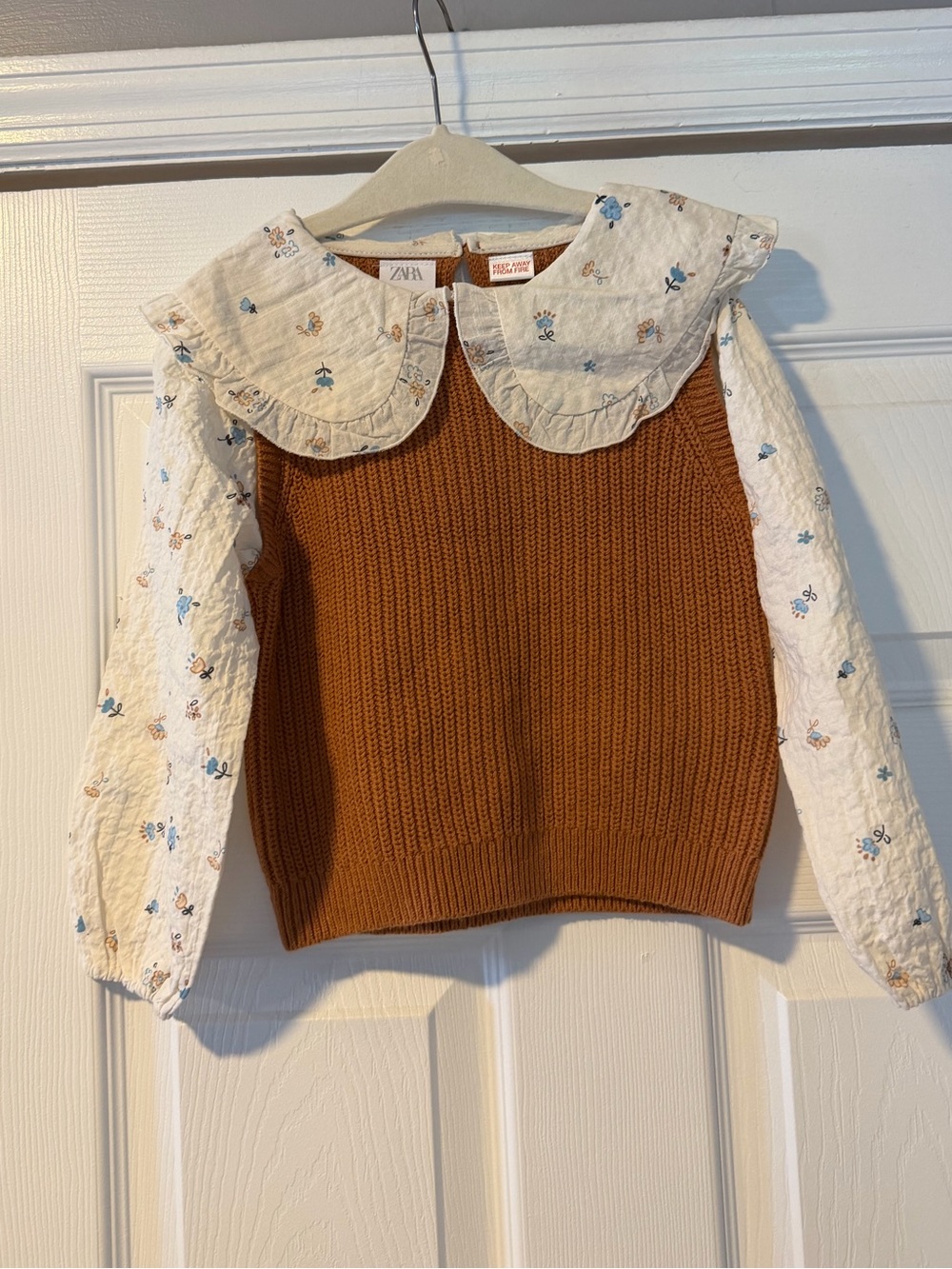 Zara Girls Brown Knit Vest with Cream Floral Collar Blouse